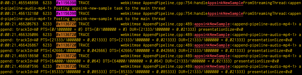 Screenshot of a terminal output showing multiple log lines. Some of them have the word "appsinkNewSample" highlighted in red. Some lines have the hexadecimal id of the thread that printed them highlighed (purple for one thread, brown for the other)